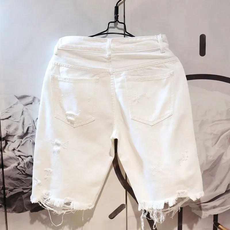 Summer Mens Straight White Denim Shorts Distressed Hole Tassel Slim Fit Knee Length Trousers High Street Male Casual Shorts