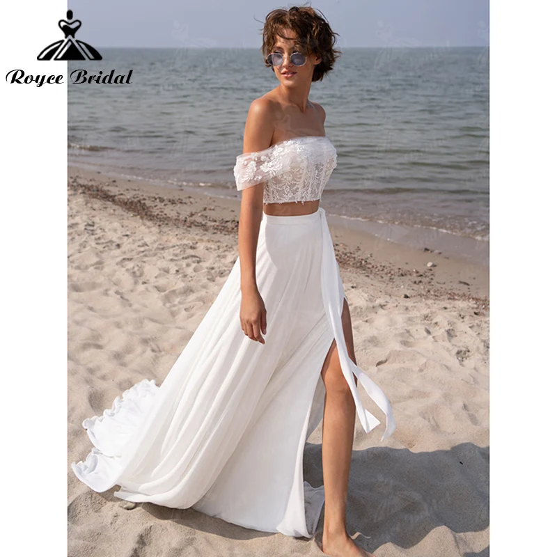 Uma linha praia fora do ombro rendas apliques chiffon duas peças sem encosto boho vestido de casamento para boda playa roycebridal