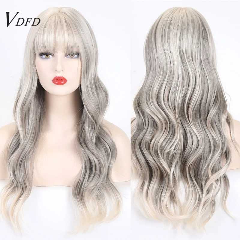 

VDFD Long Wavy Blonde Highlight Wig with Bangs Synthetic Cosplay Curly Hair Natural Gray Bleached for Women