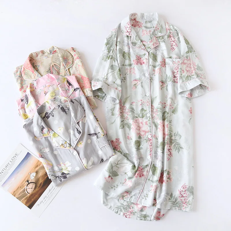 Summer Autumn Casual Nights Women Short Sleeve Flower Nightgown Loose Sleep Shirt 100% Viscose Sleepwear for Women Nightdress