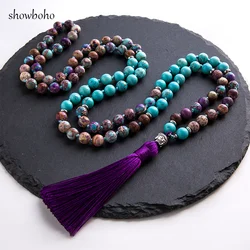 8mm Natural Turquoise Violet Imperal Jaspers Beaded Knotted 108 Japamala Necklace Meditation Yoga Tibetan Buddha Head Jewelry