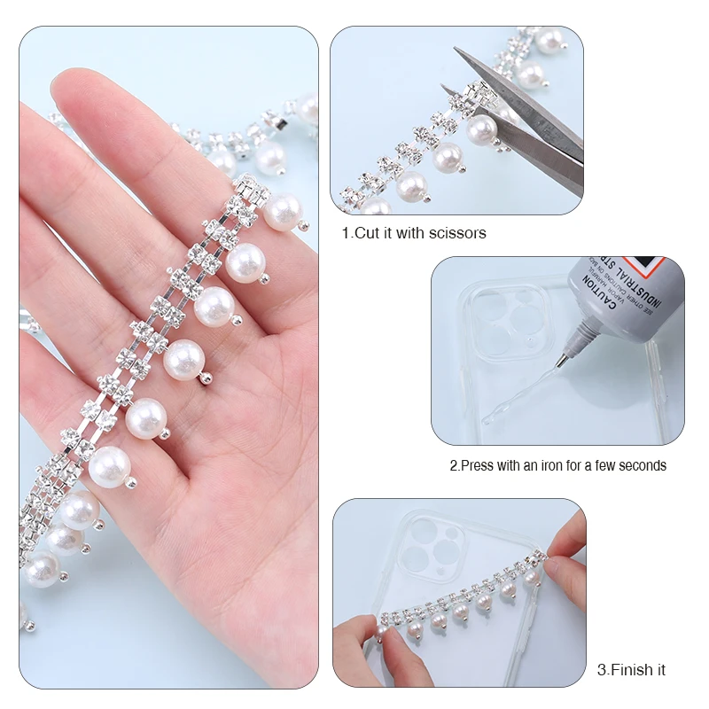 QIAO Rhinestone Pearl Chain DIY Crystal Trim Sew/Glue on Decorative Chain Ribbon For Rhinestones Garment Needlework Decorations