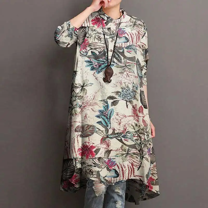 2023 ZANZEA Autumn Women\'s Floral Blouses Elegant Shirt Vestidos Casual Long Sleeve Long Tops Female Printed Tunic