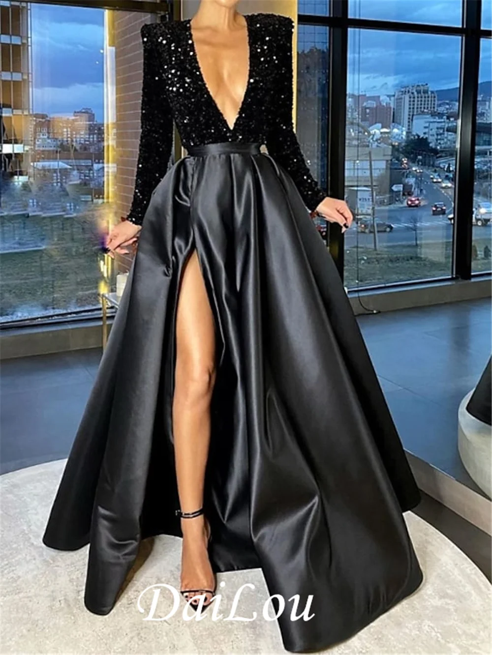 A-Line Sparkle Party Wear Formal Evening Dress V Neck Long Sleeve Floor Length Satin Sequin With Crystals Split 2023