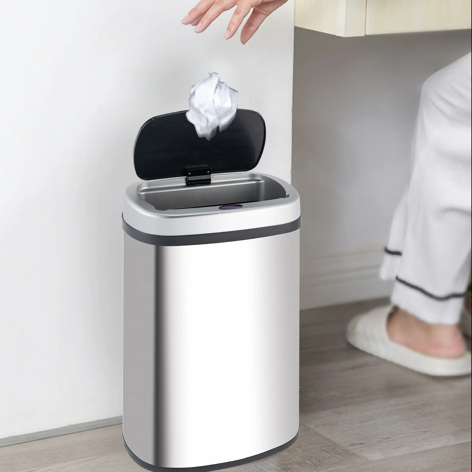 Smart Trash Can Cylindrical Ordinary Mirror Barrel Body Stainless Steel ABS Material Waterproof Black Induction Type Automatic