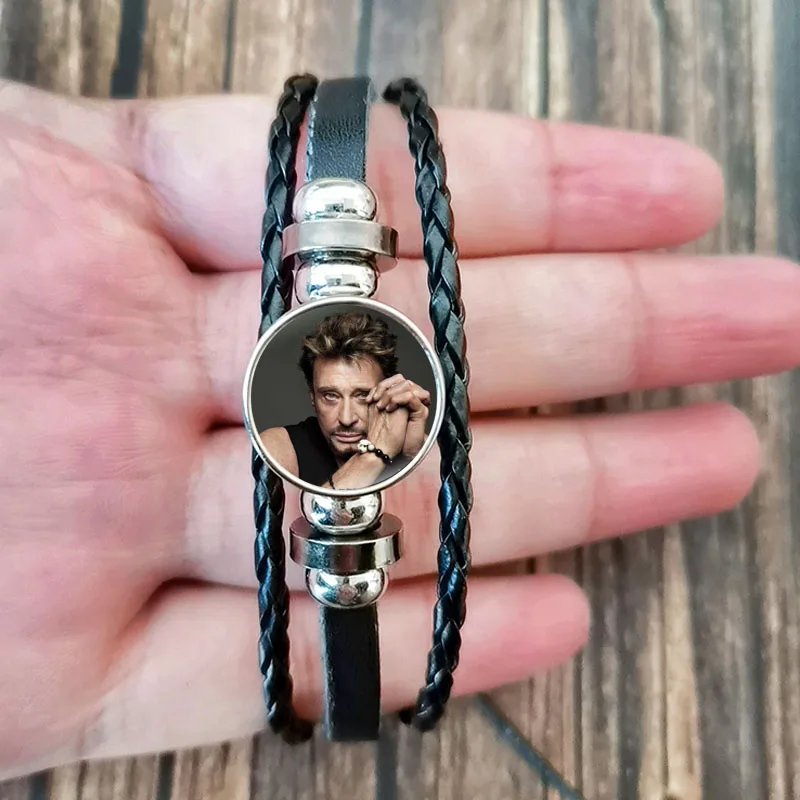 New Johnny Hallyday Leather Bracelet for Men Rock Star Art Poster Glass Button Handmade Bangles Wristband