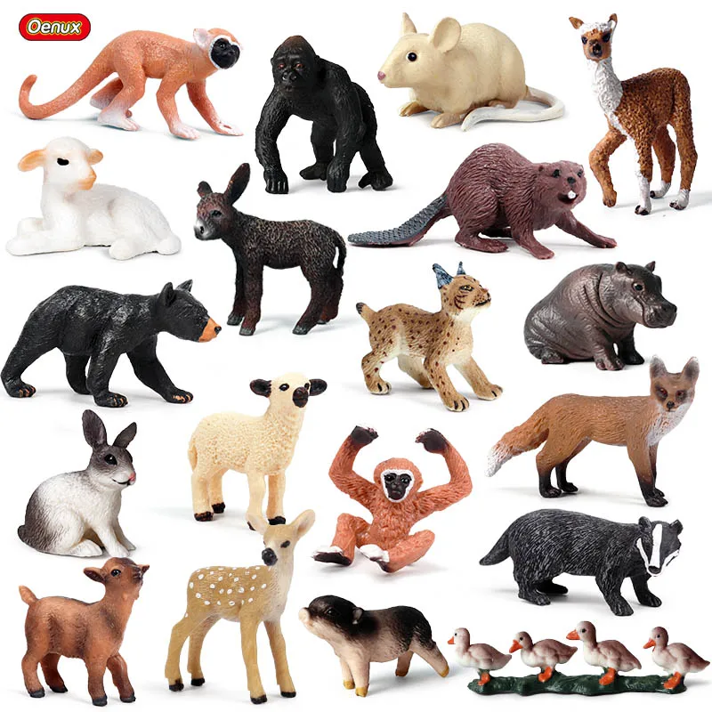 Oenux Original Small Wild Animals Leopard Deer Fox Model Action Figure Farm Alpaca Pig Figurines Miniature Collection Kids Toys