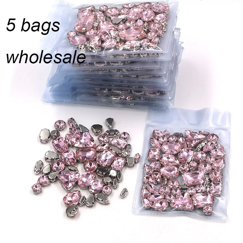 Best seller  Wholesale 5 bags mixed shape glass crystal sliver base Pink rhinestones  diy wedding dress