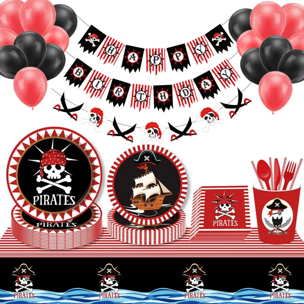 Pirate Theme Disposable Tableware Happy 1st Birthday Party Decorations Kids Napkins Paper Plates Pirate Birthday Party Supplies