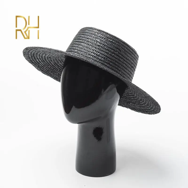 Lady kids Fashion Black Wheat Boater straw hat out Flat top cap Fedora 5 - 7cm 10cm 13cm brim wide Natural Grass Sun bowler hat