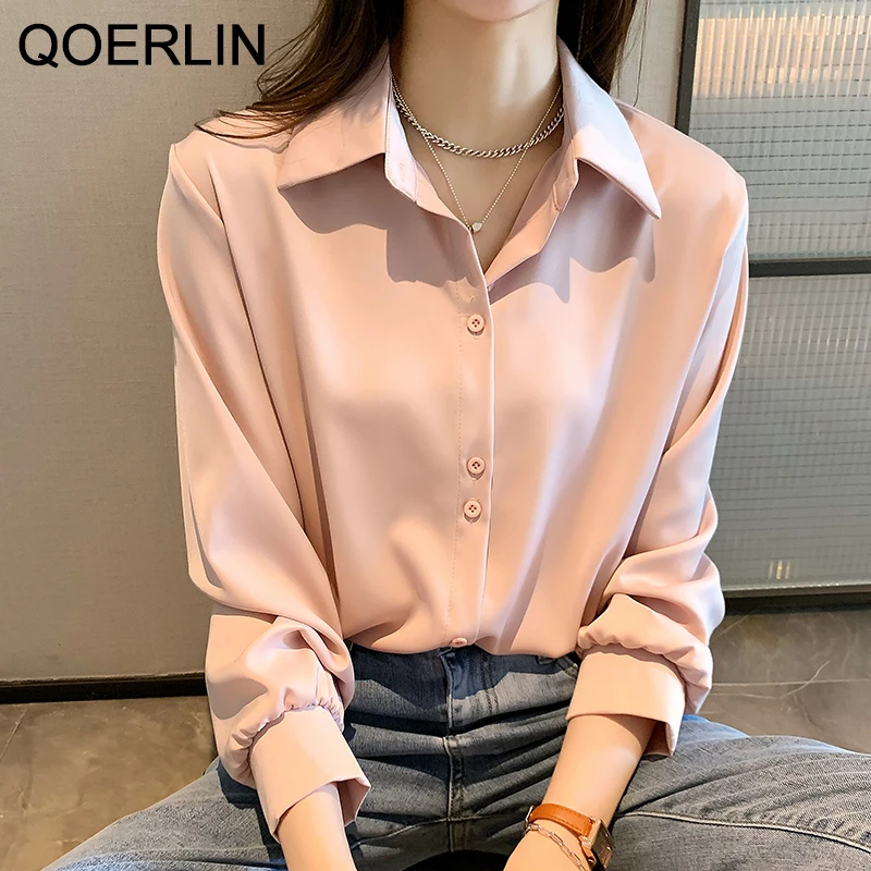 

QOERLIN 4XL OL Style Chiffon Blouse Women Long Sleeve Elegant Tops Shirt Solid Long Sleeve Korean Loose Blouses Blusas Pink Blue