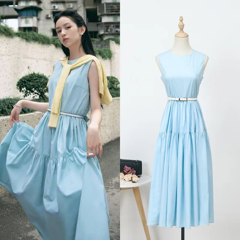 

Ladies Midi Dress Elegant Women Vestido De Mujer 2021 Sky Blue Round Neck Sleeveless Cotton Summer Dress with Sash Bows Robes