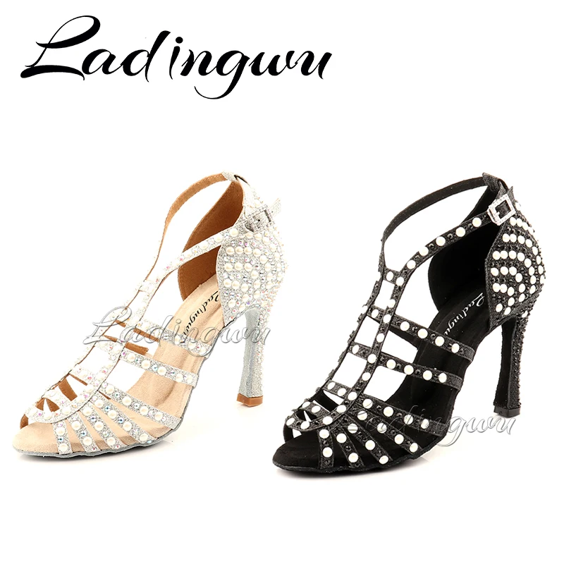 Ladingwu Pearl Rhinestones Latin Dance Shoes Women  Bachata Salsa Latin Dancing Shoes for Girls Professional Training Shoes