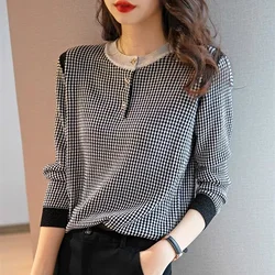 DY Western style all-match loose top women 2020 autumn new round neck long sleeve black and white plaid sweater