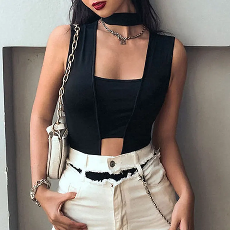 Black Halter Neck Bodysuit Women Sexy cut out Bodycon Jumpsuit Solid Elastic Casual Party summer Bodysuits Tops Slim Rompers