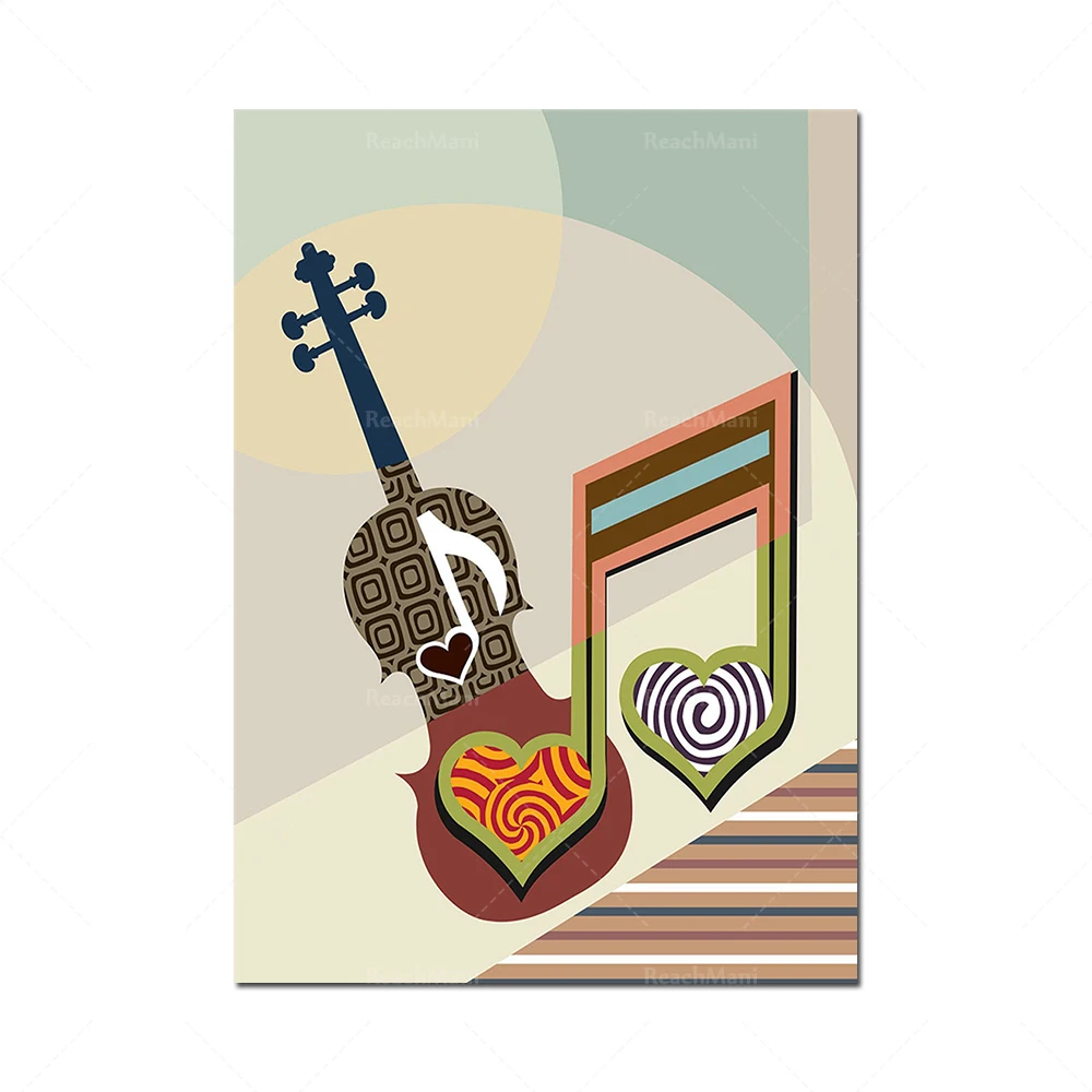 Fashion abstract music poster, retro music print, antique phone, violin, camera, clock poster art, funny cartoon wall decoration