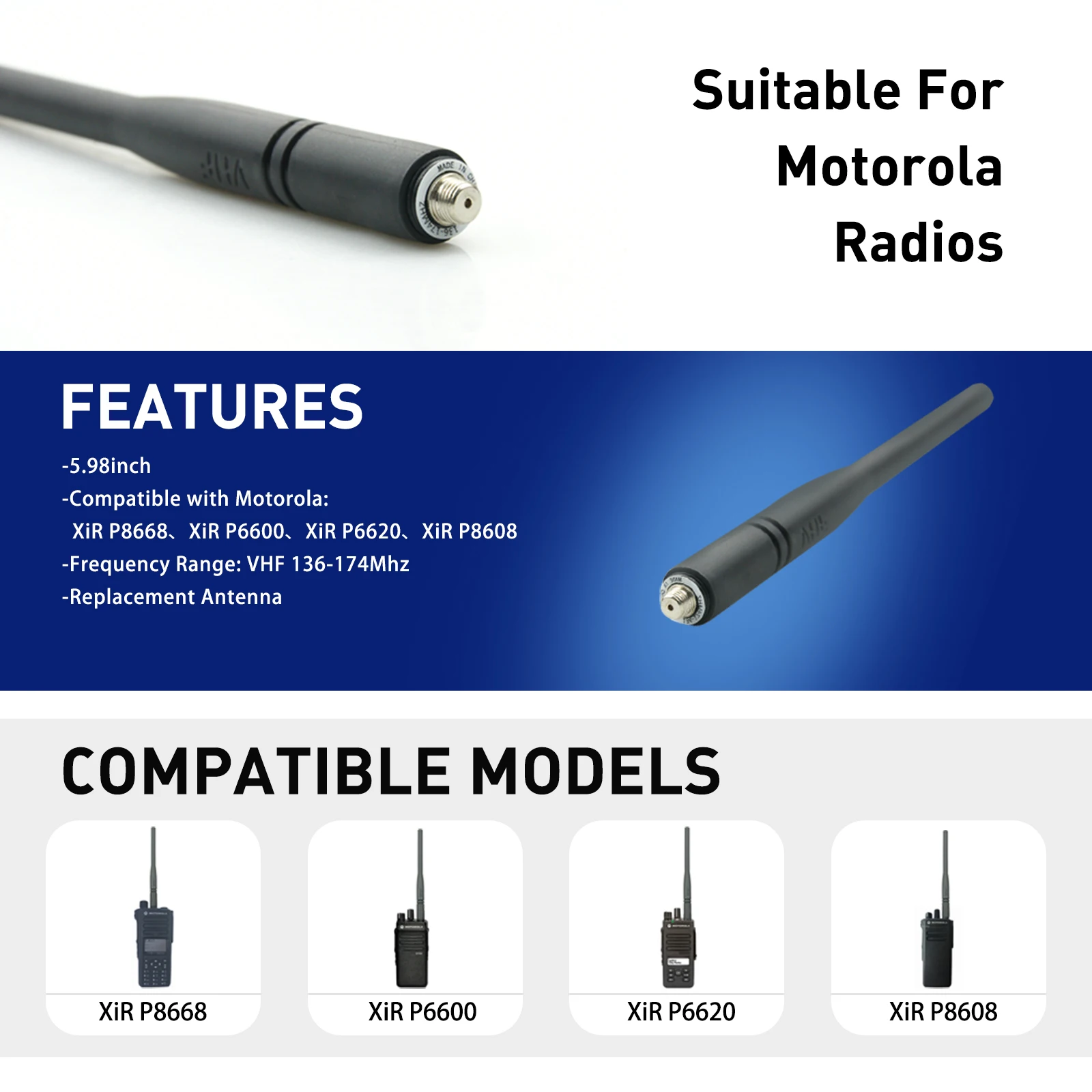 Motorola 150mhz Long Antenna 15.2cm VHF 136-174Mhz Antenna for Motorola Xir P8668 P6600 P6620 P8608 Digital Two Way Radios