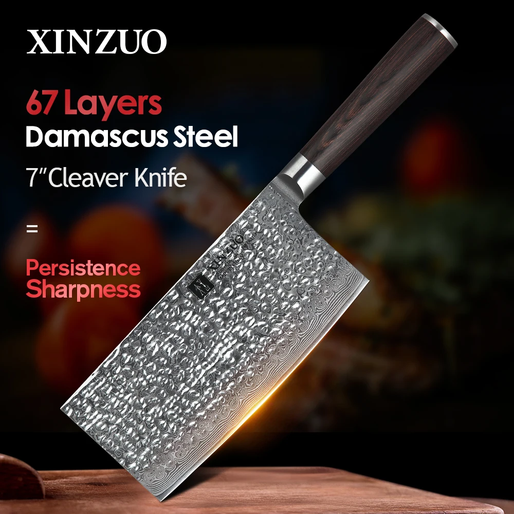 

XINZUO 7'' Inch Big Chinese Knife 67 Layer VG10 Damascus Stainless Steel Kitchen Knife Pakka Wood Handle Butchers Cleaver Knives