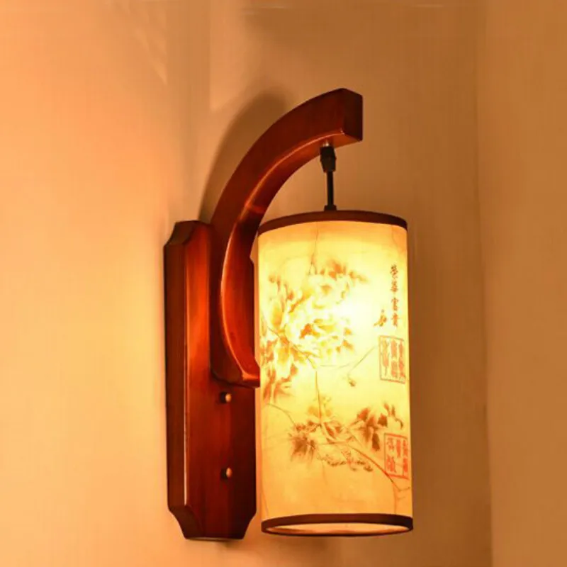 

Simple Chinese antique sheepskin wall lamp retro bedroom bedside lamp corridor aisle lamp hotel room wood art lighting LB122511