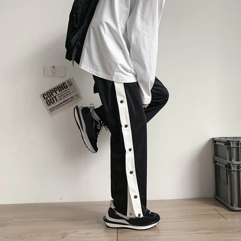 Side Button Sweatpants Men Spring Autumn Sport Jogger Striped Patchwork Wide Leg Jogging Sportswear Fashion Tracksuit Streetwear