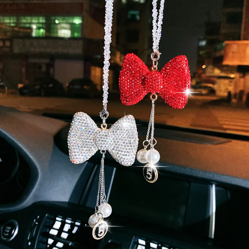 Korean Goddess Diamond Pearl Pottery Clay Material Bowknot Hanging Car Rearview Mirror Pendant Decoration