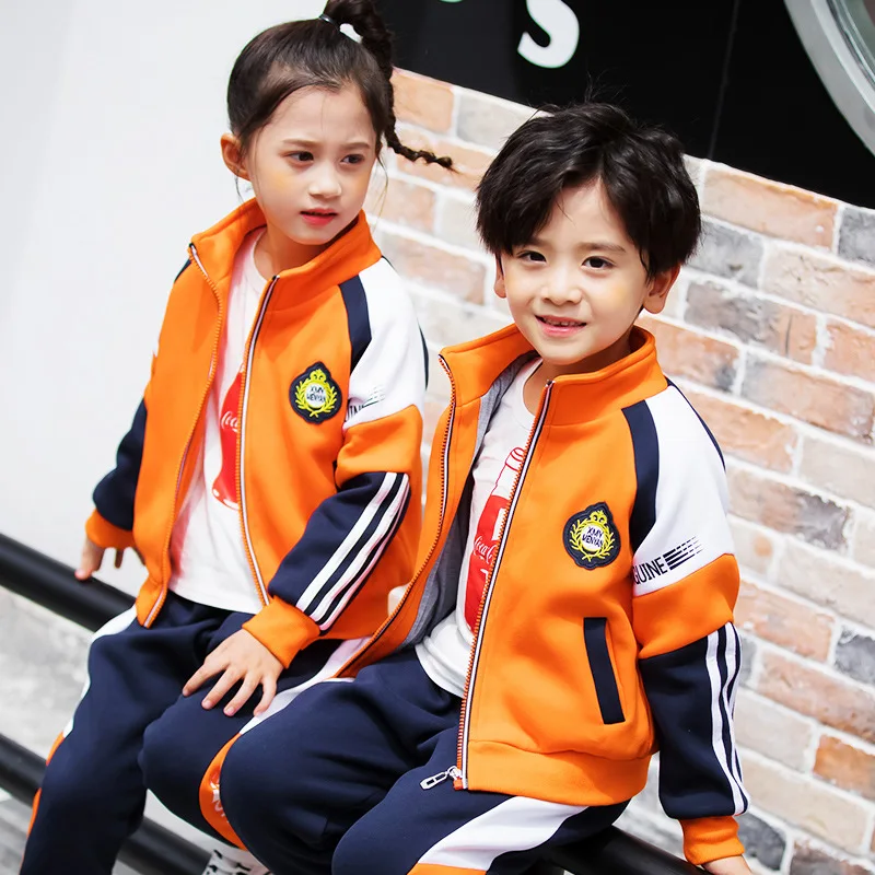 Fall Winter Primary School Uniform Thick Jacket Pants Suit Velvet Kindergarten Student Clothes Orange Sportswear Outfit