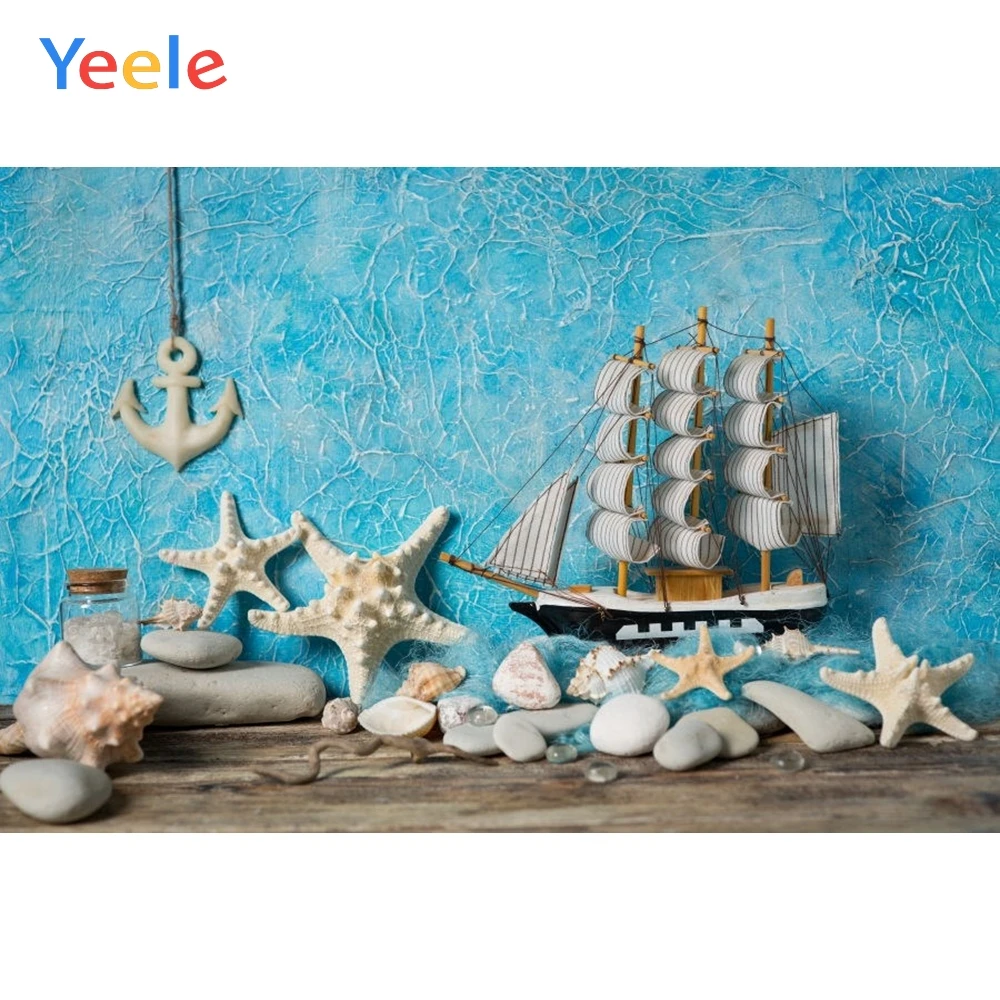 Summer Sea Ocean Blue Wall Beach Seaside Shell Starfish Sailboat Baby Backdrop Vinyl Photography Background For Photo Studio