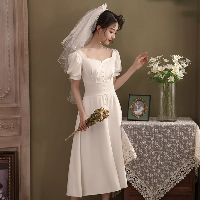 

Sweetheart Neck Simple Soft Satin Wedding Dresses Elegant A Line Puff Short Sleeves Knee Length Modest Summer Bridal Gown SWD047