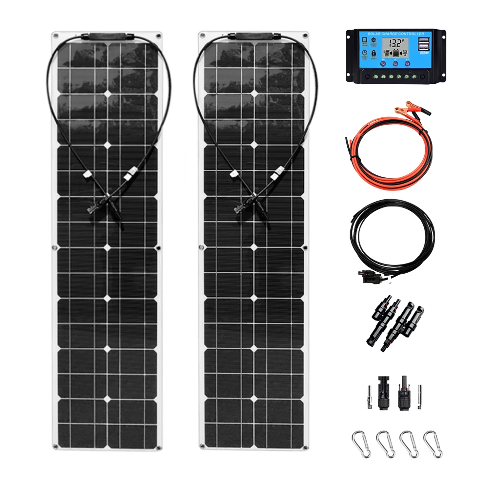 100W Flexible Solar Panel System Kit Photovoltaic Module 2pcs 50 Watt 12 Volt Solar Panels With 10A Controller PV Connector