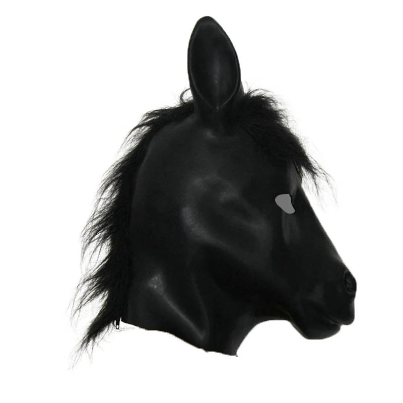 Latex Horse Hood Mask Adult Fetish Bondage Hood Rubber Horse Masks with Hairs with Zipper Closure