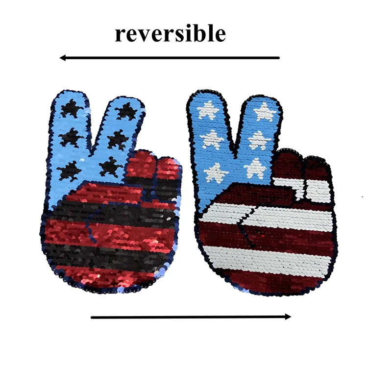 Reversible Sequins Victory Gesture Patches for T-shirt BIg V-sign Hand Sequined Patch Sew on Embroidery Applique