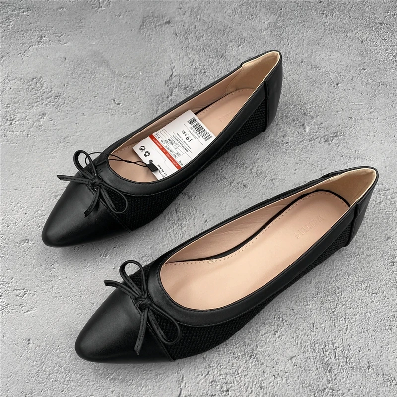 Plus Size EU41 Flat Shoes Women Pointed Toe Bow Slip On Loafers 2021 Fall Fashion Leather Ballet Flats Ladies Casual Work Shoes