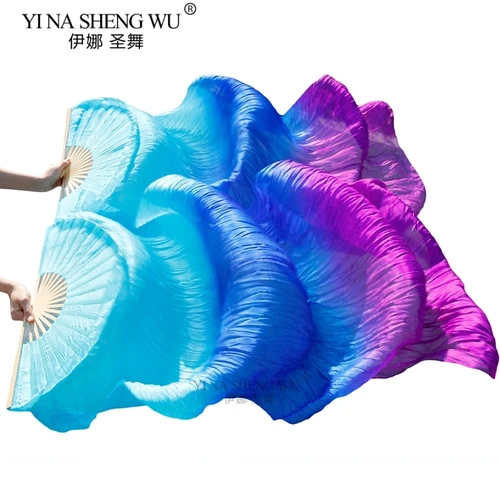 Imagen 2 del producto Venta caliente chico mujeres abanico de danza del vientre 1 par gradiente Color bailarina práctica abanicos largos de seda de imitación 150/180x90cm abanicos de seda de rayón