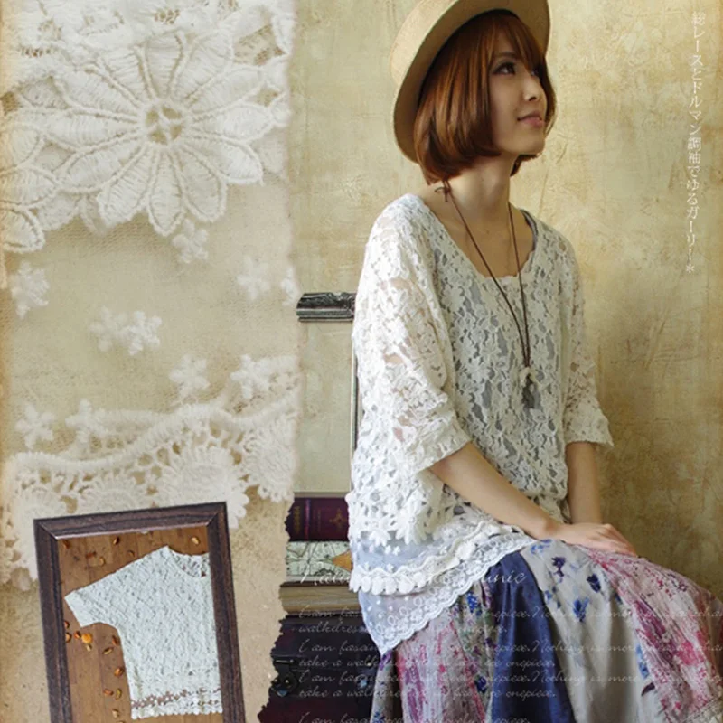 

Summer Mori Girl Sweet t-Shirt Tops Women Loose Floral Embroidery Lace Hollow Short Sleeve Femela Kawaii Blusas A101