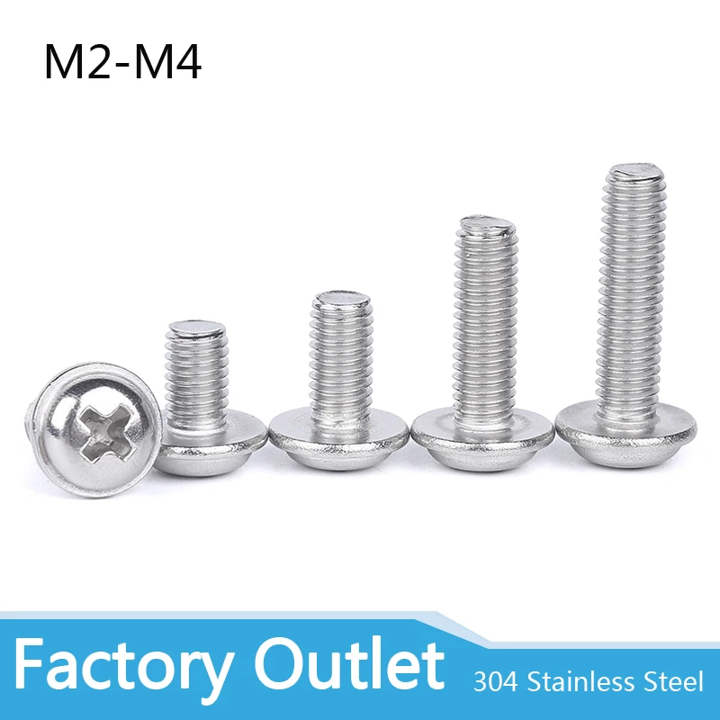 10/50pc M2 M2.5 M3 M4 304 A2 Stainless Steel PWM DIN967 Cross Phillips Pan Round Truss Head With Washer Padded Collar Screw Bolt