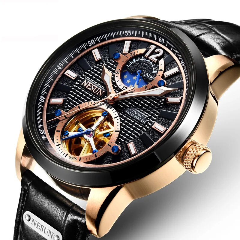 Luxury Brand NESUN Automatic Mechanical Men\'s Watches Multi-function Sapphire Skeleton Flywheel Luminous Moon Phase Clocks N9035