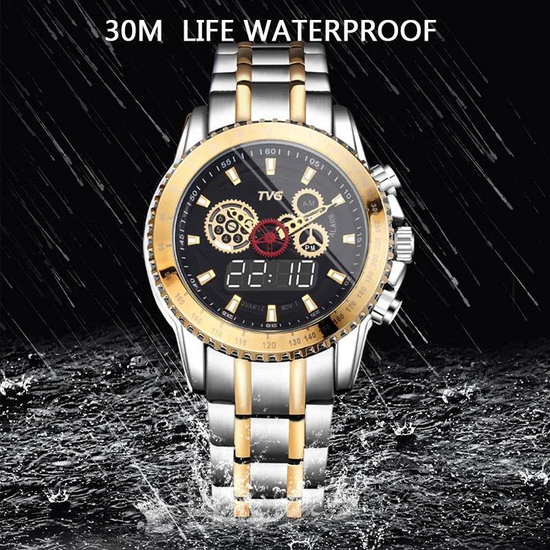 watch mens quartz dual movment gold big dial Time gear LED alarm business double movement anniversary gifts for husband TVG 902