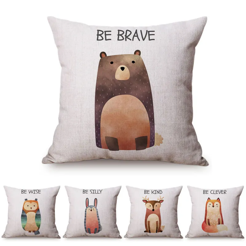 Watercolor Animal Style Sofa Throw Pillow Case Cute Rabbit Fox Bear Kid's Nursery Art Room Decorative Cotton Linen Cushion Cover