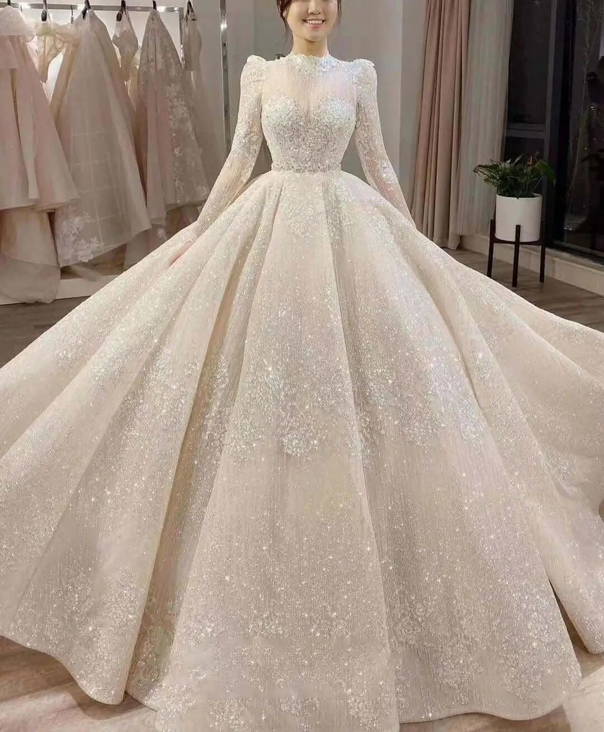 Muçulmano vestidos de casamento gola alta frisado lantejoulas manga longa plissado vestido de baile vestidos de novias