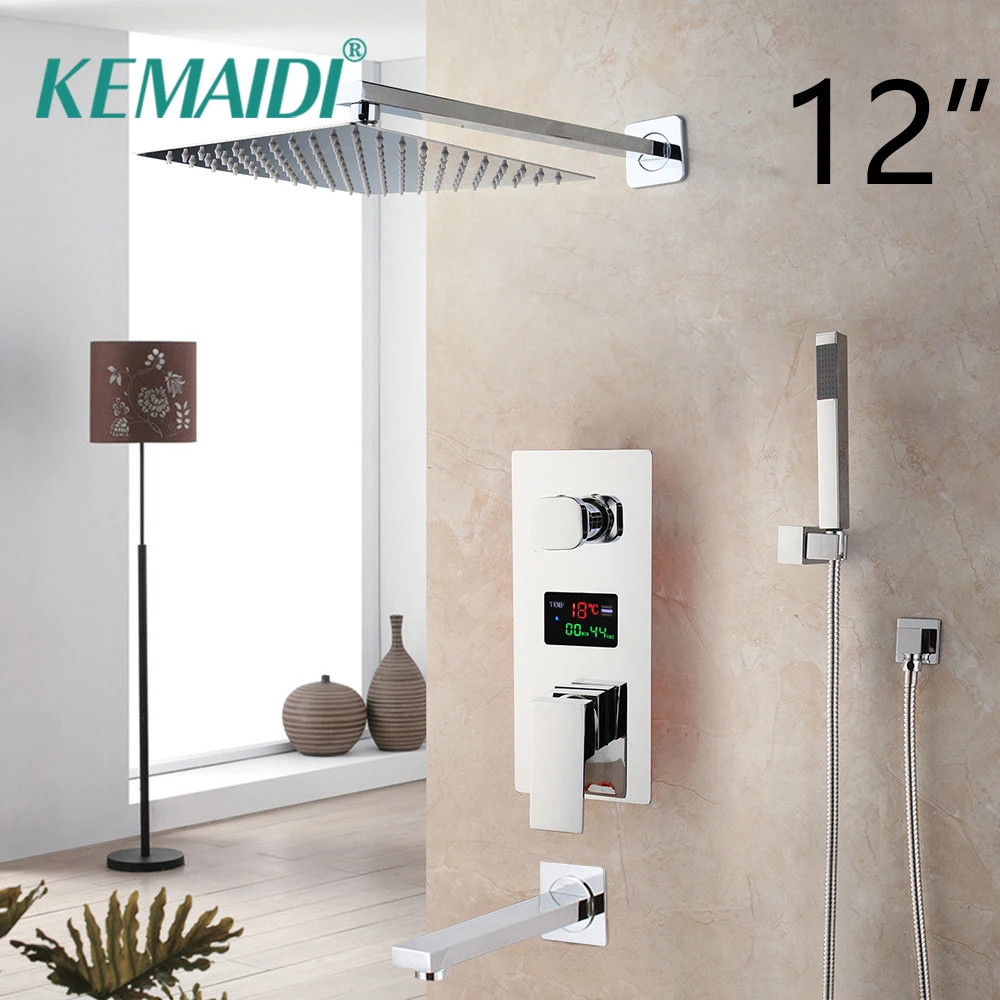 

KEMAIDI LED Shower Head Digital Display Mixer Taps Chrome Brass Bathroom Shower Faucet 3-Functions Digital Shower Faucets Set