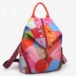 Mochila escolar de piel auténtica para mujer, bolso de hombro con costuras de color, a la moda, para adolescentes