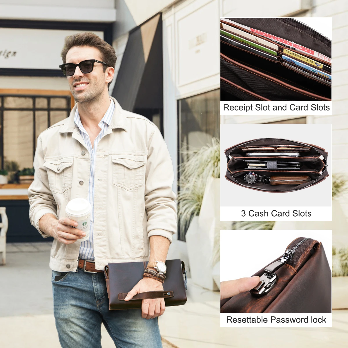 Vintage Genuine Leather Men\'s Wallet Password lock Clutch Bag For Men Card Holder Long Wallets Handbag Large Capacity Male Purse