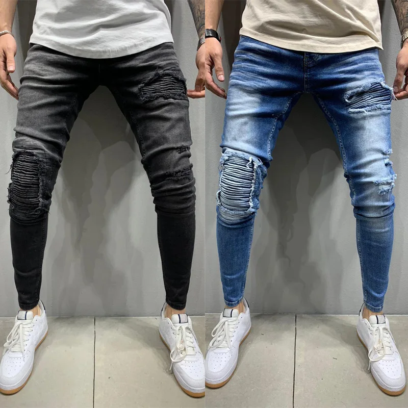 

Blue stretch denim patch ripped skinny jeans men's slim fashion streetwear personality wrinkled skinny stretch jeans