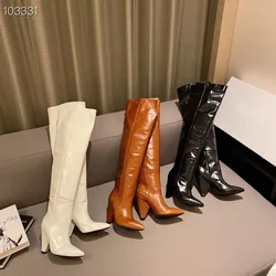 Schoenen Vrouw Matte Leather Pointed Toe Thigh High Boots Vintage Brown Winter Shoes Women Long Knight Boots Chunky Heels