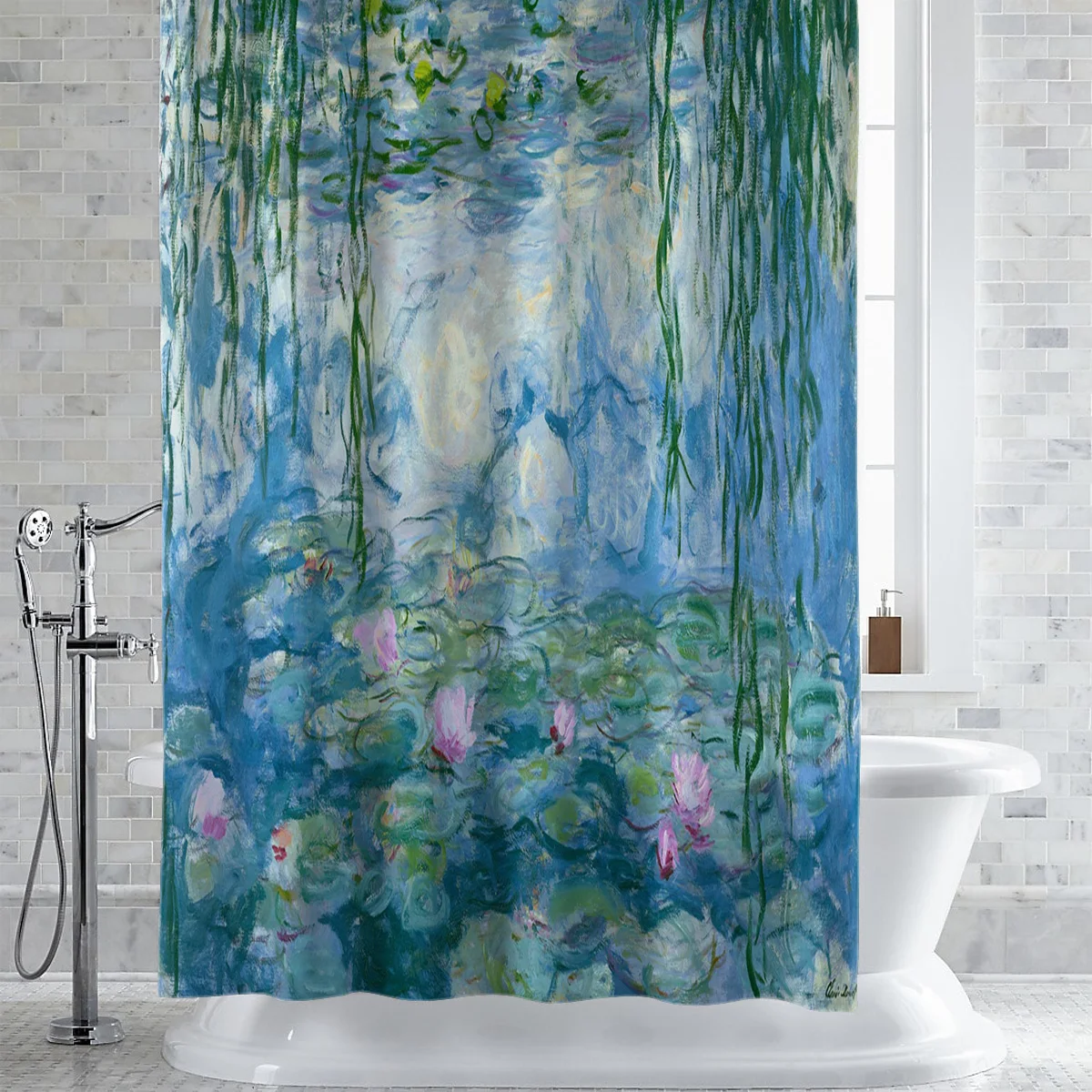 Lotus Willow Leaf Watercolor Waterproof Shower Curtain Home Bath Decorative Polyester Fabric Bathroom Curtain with Hooks