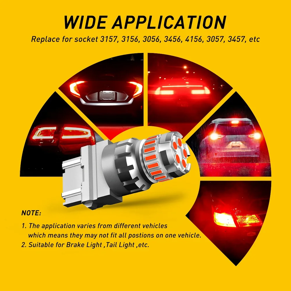 AUXITO 2Pcs 1200Lm T25 3157 LED Red Lamp T20 W21/5W LED Bulb W21W 7440 7443 p27/7w Car Brake Strobe Flashing Tail Light 12V