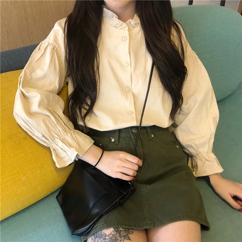 Shirts Women Ruffle Flare Long Sleeve Solid Simple Students Slim Womens Korean Style Harajuku Elegant Shirt Blouses Casual Chic