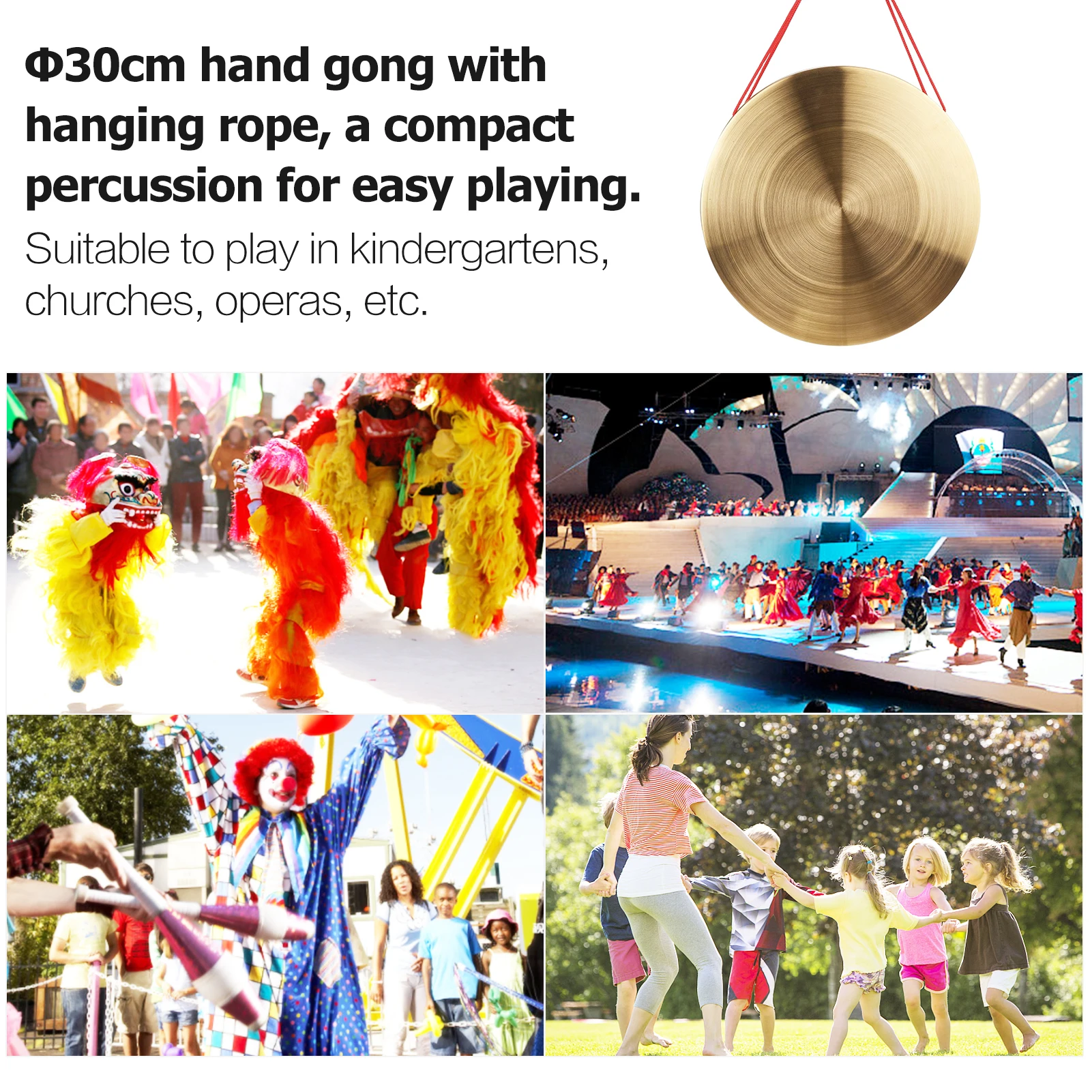 22 / 30 cm Hand Gong Cymbals Brass Copper Gong Chapel Opera Percussion Instrument with Round Play Hammer