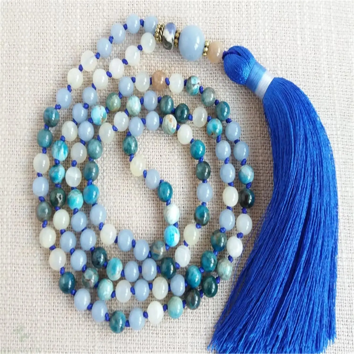 8mm Angelite Apatite 108 Beads Handmade Tassel Necklace Buddhism Prayer Mala Yoga