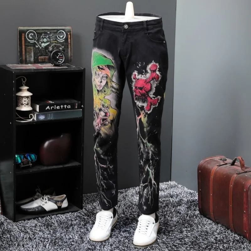 

Pringting Personality Punk Style Mens Black Full Length Jeans Pants Slim Fit Casual Pencil Trousers Plus Size Night Club Wear